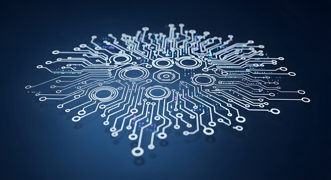 Abstract glowing circuit board forming a futuristic brain shape on dark background