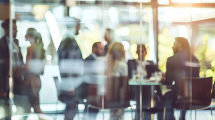 Blurred image of meeting in modern office with group of business people sitting around table, concept for corporate background.