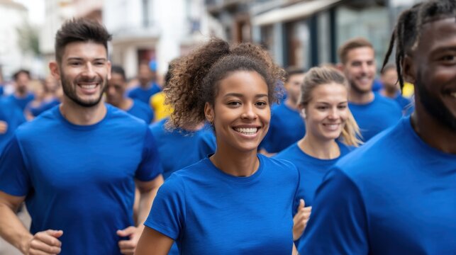 Healthy Young Adults in Bright Blue T-Shirts Participating in Community Fun Run Event on Urban Street Smiling with Energy and Enthusiasm