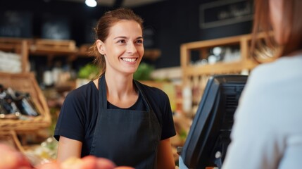 Young female cashier smiling warmly at customer in vibrant grocery store, showcasing friendly service and fresh produce in welcoming environment