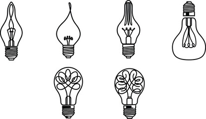 Collection of decorative vintage light bulbs, creative filament designs, minimalist line art illustration, energy symbol, electric idea concept, vector decoration © Rafin's World