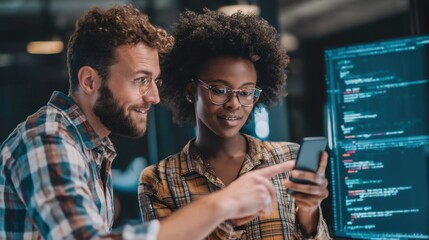 Two software developers collaborating on mobile application design, reviewing data on smartphone while standing in modern office environment with coding background