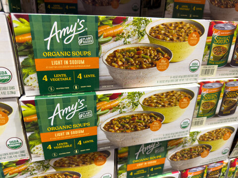 Amy&rsquo;s Organic Lentil Vegetable Soup Boxes on Store Shelf