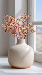 Minimalist Ceramic Vase With Delicate Red And White Berries On Stems Placed On A Windowsill With Soft Natural Sunlight Casting Shadows Across The Surface