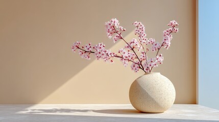 Minimalist Interior with Soft Pink Cherry Blossoms in a Textured Vase Against a Warm Beige Wall Illuminated by Soft Natural Light Creating Gentle Shadows