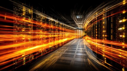 Dynamic Data Flow in a Modern Server Room with Light Trails Enhancing Connectivity and Efficiency in High-Performance Computing Environments