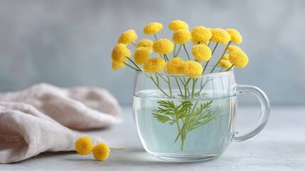 Minimalist Still Life of Yellow Flowers in a Clear Glass Teacup with Water on a Textured Gray Background and Soft Fabric Draping