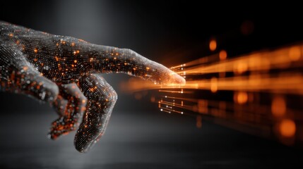 Futuristic Digital Finger Pointing Towards Data Streams in a Dark Environment with Glowing Particles and Abstract Technology Concept