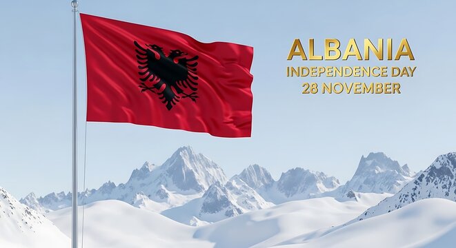 Albania Independence Day: Red Flag with Black Eagle over Snow-Capped Mountains - Powered by Adobe