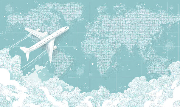 Airplane flying above stylized world map