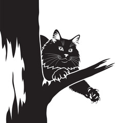 Black cat perched on tree branch in silhouette image for graphic design projects and artistic representations of feline nature