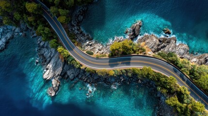 Aerial View of Winding Coastal Road Surrounded by Lush Green Trees and Vibrant Blue Waters in a Scenic Coastal Landscape