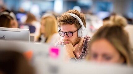 Focused young man wearing headphones working in a modern office environment surrounded by colleagues engaged in various tasks and projects