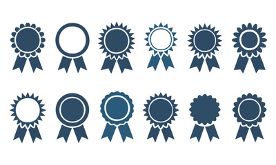 Collection of Achievement and Guarantee Badges, Set of Blue Award Ribbons and Rosettes Icons, Vector Design Elements for Certification and Quality, Twelve Blue Seal and Ribbon Variations, vector.