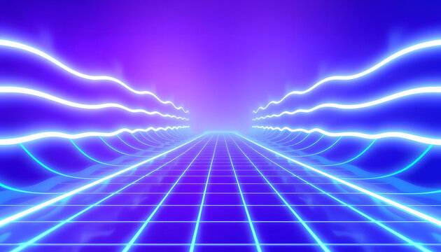 Digital fractal design illustration of lightning in the dark night sky backdrop with energy lines and blue light effect