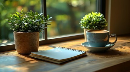 Coffee, plants, and notebook on a windowsill.