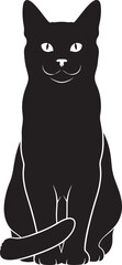 Elegant black cat silhouette sitting upright showing alert ears whiskers and tail for graphic design and decoration