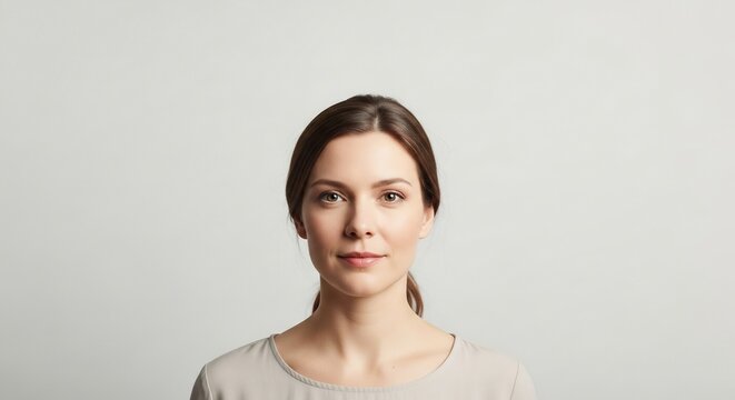 Portrait of a woman with brown hair pulled back wearing a light gray top