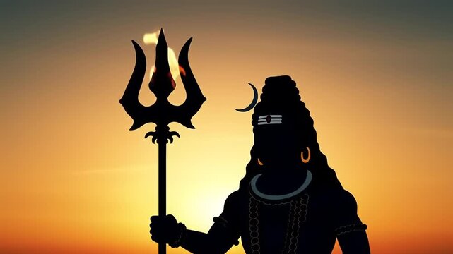 Hindu God Silhouette with Trident, and Sunset Sky.
