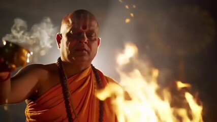 Hindu priest performing ritual by fire.