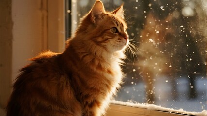 Orange tabby cat sitting by a window, gazing outside on a snowy day