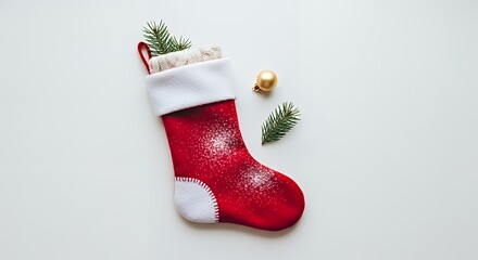 Red Christmas stocking with pine branches and golden ball ornament on a clean white background. Minimalist holiday flat lay design.