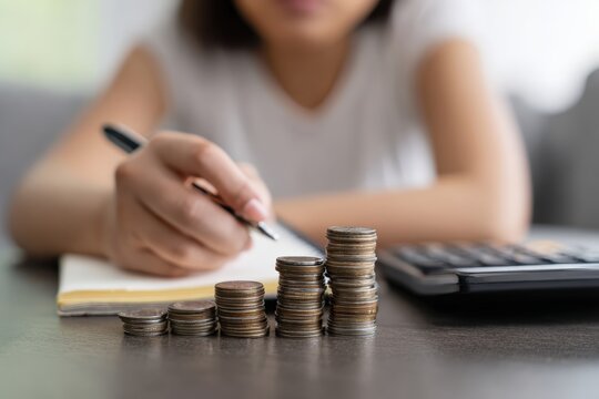 Woman's hand writing in a notebook, calculating expenses with coins stacked in increasing height, representing financial planning and growth
