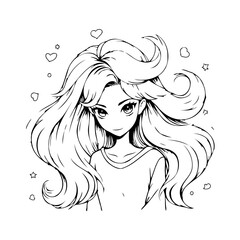 Charming anime girl illustration in black and white with flowing hair and twinkling heart shapes