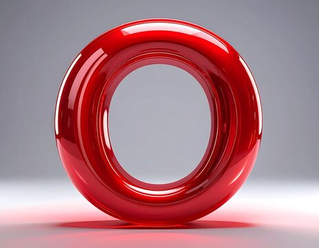 A 3D render of a glossy, vibrant red ring or letter 'O' floating against a soft, gradient background