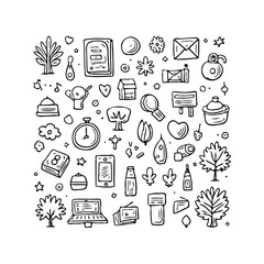 Collection of hand-drawn line doodle design elements featuring everyday objects and nature icons