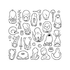 Collection of quirky hand drawn mystical creature illustrations, set of strange otherworldly