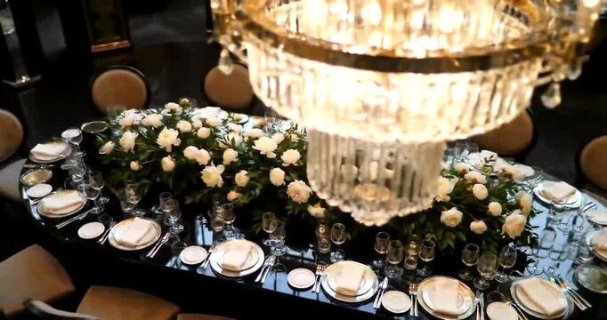 Elegant dining setup with white roses and chandelier in a luxurious venue
