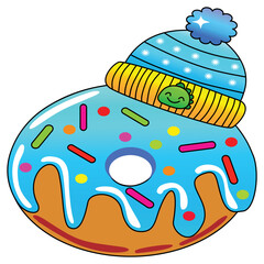 Cute Blue Donut with Winter Hat and Sprinkles - Boy Gender Reveal and Winter Treat Illustration