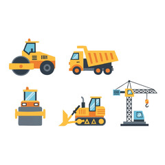 A vibrant illustration showcases various construction vehicles, including a road roller, dump truck, bulldozer, and crane, against a clean white backdrop.