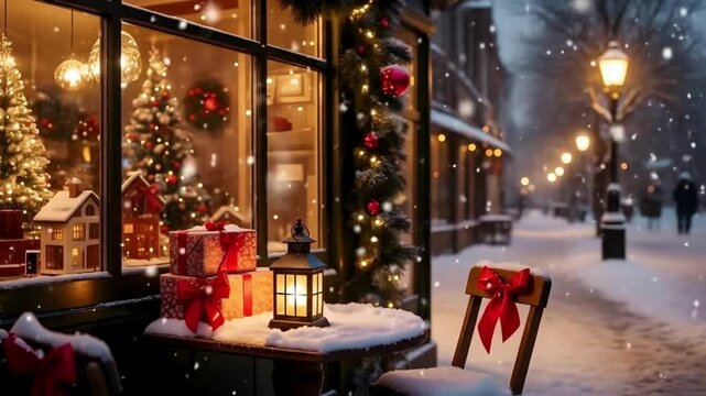 christmas market under Falling Snow, Christmas festive background, Christmas ambient background, Christmas outdoor background, Christmas tree, ornaments in snow falling, christmas outdoor view - Powered by Adobe