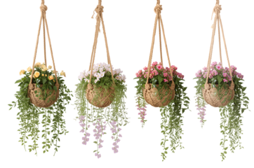 Four hanging baskets with colorful flowers and trailing green plants