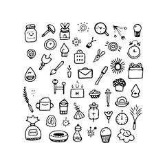 Diverse hand drawn elements create a whimsical collection suitable for creative projects and designs