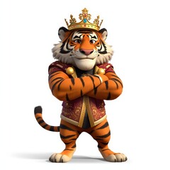 Cartoon Tiger King with Golden Crown and Embroidered Jacket on White Background