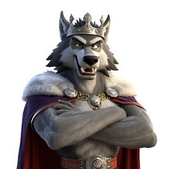 Cartoon Wolf King with Crown Cape and Arms Crossed Isolated on White
