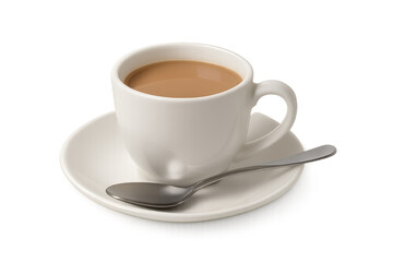 Fototapeta premium Coffee drink in white cup with saucer and spoon