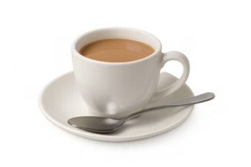 Coffee drink in white cup with saucer and spoon