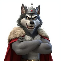 Cartoon Wolf King with Silver Crown and Red Cape Arms Crossed Isolated