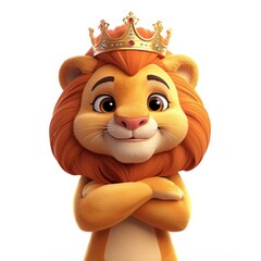 Cartoon Lion King with Golden Crown and Arms Crossed on White Background
