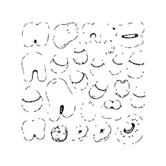 Diverse tooth shapes and dental element drawings on a white backdrop creates visual intrigue and