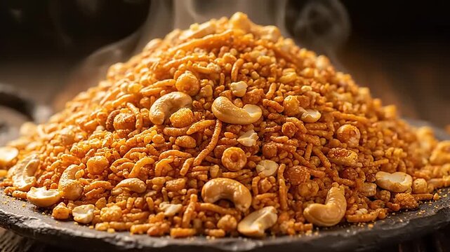 Indian savory snack mixture on stone.