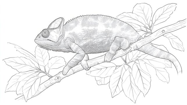 Detailed line drawing of a chameleon perched on a tree branch surrounded by leaves.
