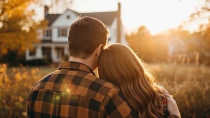 Happy young family, seen from behind, embracing, looking at their new luxury property. Couple buying their dream home. Real estate financing and mortgage concept