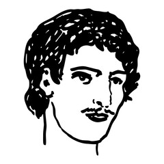 Giordano Bruno. Head of a handsome young man. Hand drawn linear doodle rough sketch. Black and white silhouette.