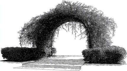Fototapeta premium A lush floral archway with hedges and stone steps in black and white.
