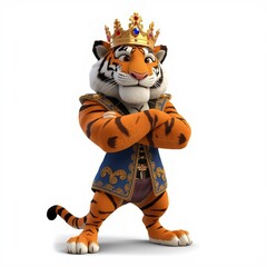 Cartoon Tiger King with Jeweled Crown and Embroidered Royal Jacket on White